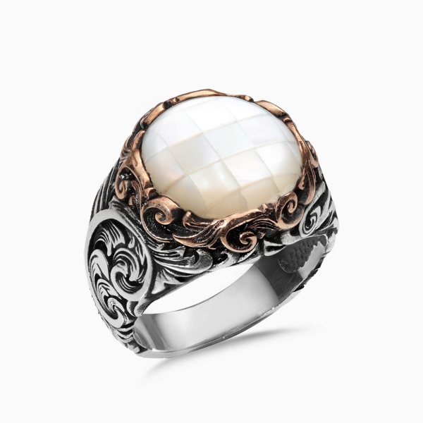Mother of Pearl Stone Engraverd Silver Ring