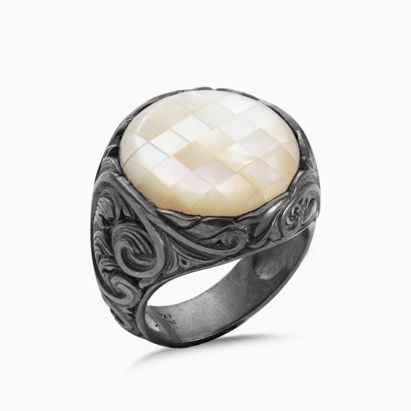  Engraved Silver Ring Mother of Pearl Stone