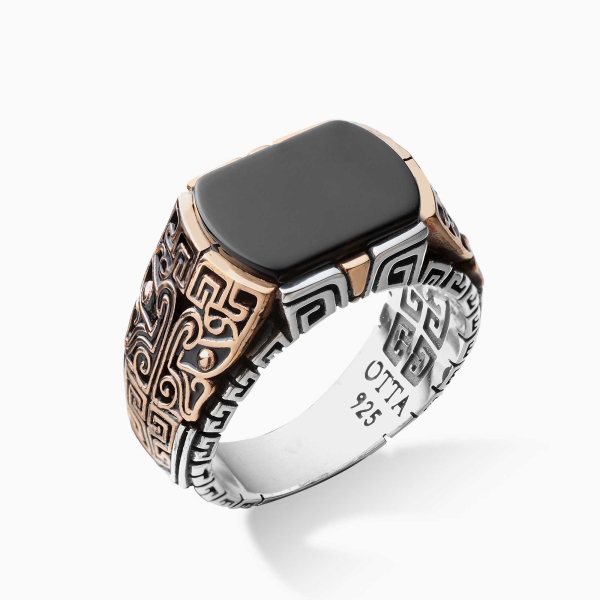 Engraved Silver Onyx Ring