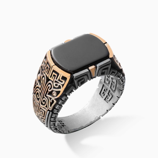 Engraved Silver Onyx Ring - Oxidized