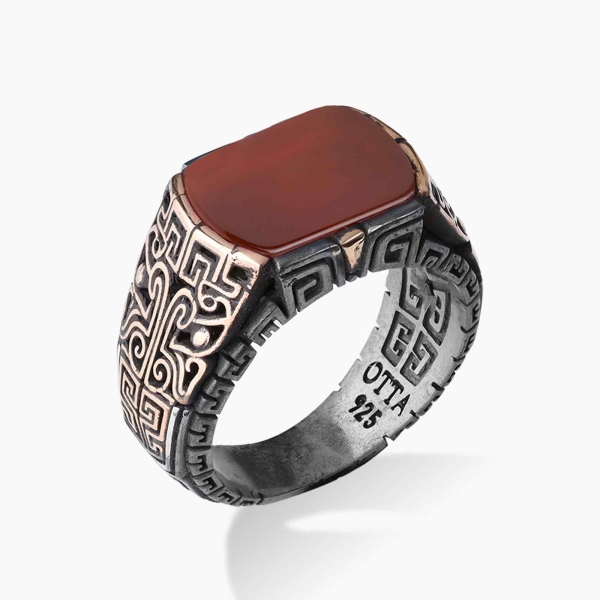 Engraved Silver Red Agate Ring - Oxidized