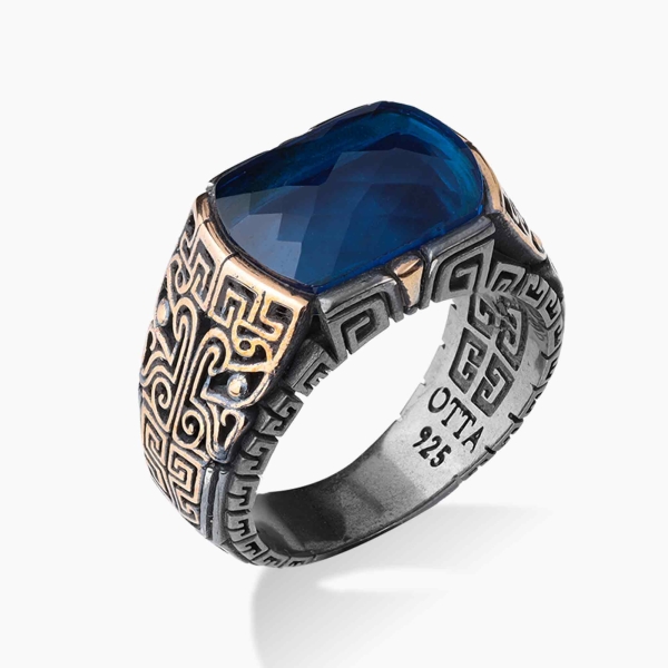 Engraved Silver Blue Zircon Ring - Oxidized