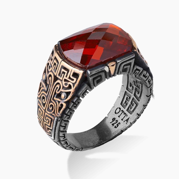 Engraved Silver Red Zircon Ring - Oxidized