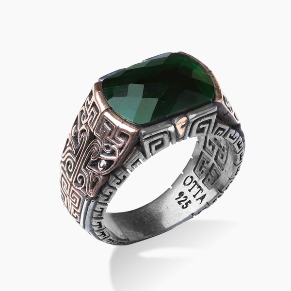 Engraved Silver Green Zircon Ring - Oxidized