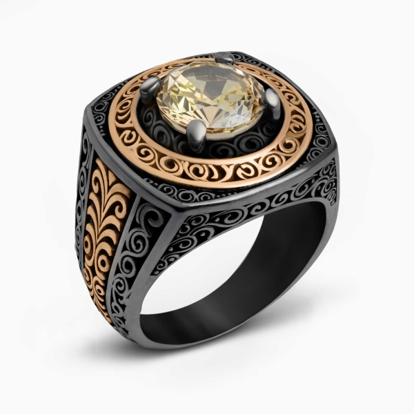 Citrine Ice Cut Stone Silver Ring - Oxidized