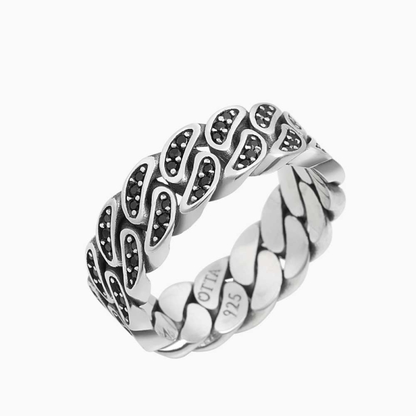 Silver Cuban Band Ring Black Zircon - 8 mm
