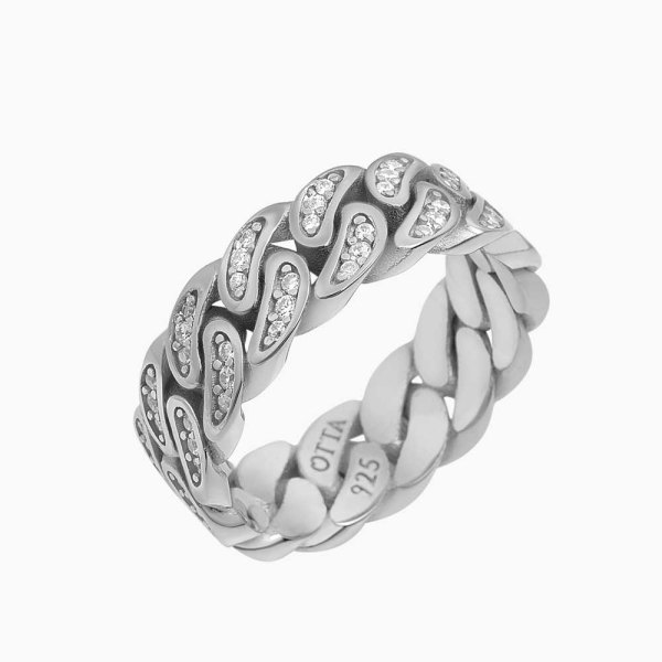 Silver Cuban Band Ring White CZ Diamonds - 8 mm
