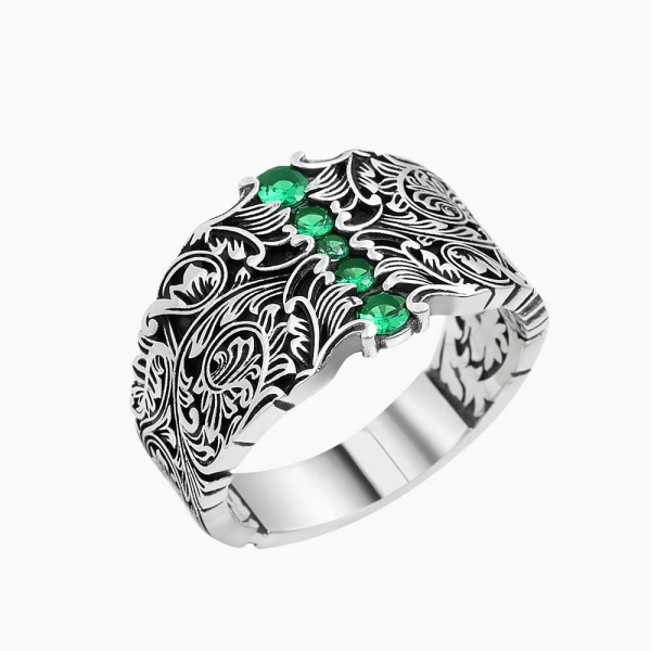 Silver Curved Band Ring Green Zircon - 14 mm