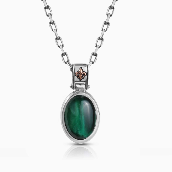 Oval Green Tiger Eye Stone Silver Pendant