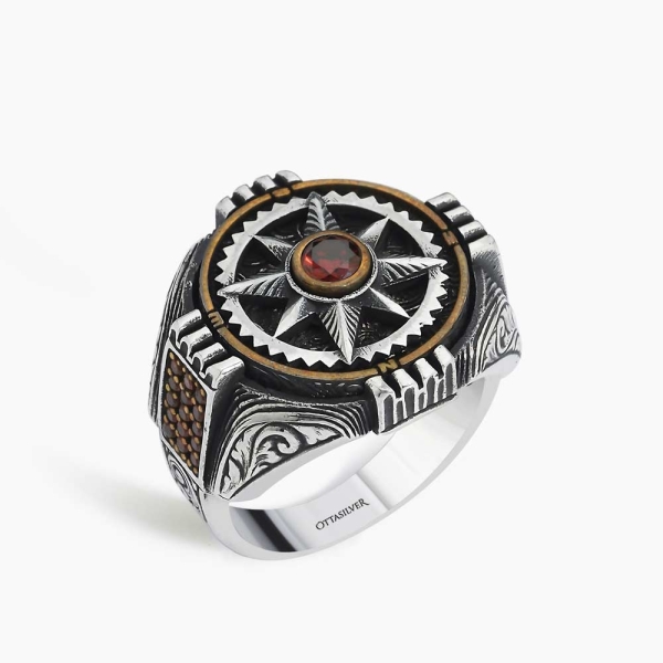Red Embellished Silver Ring