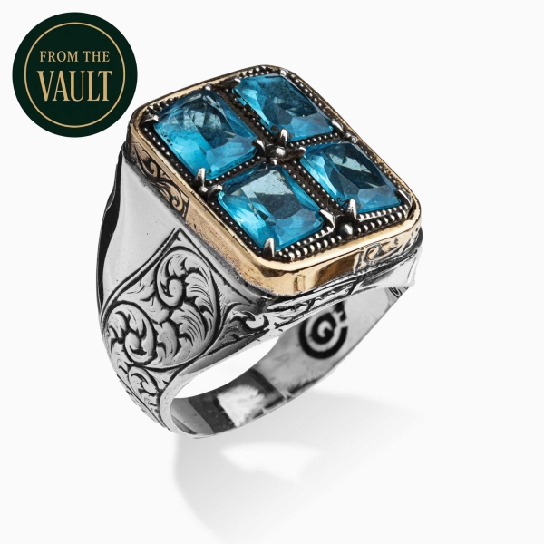 Aquamarine Stone Hand Engraved Silver Ring