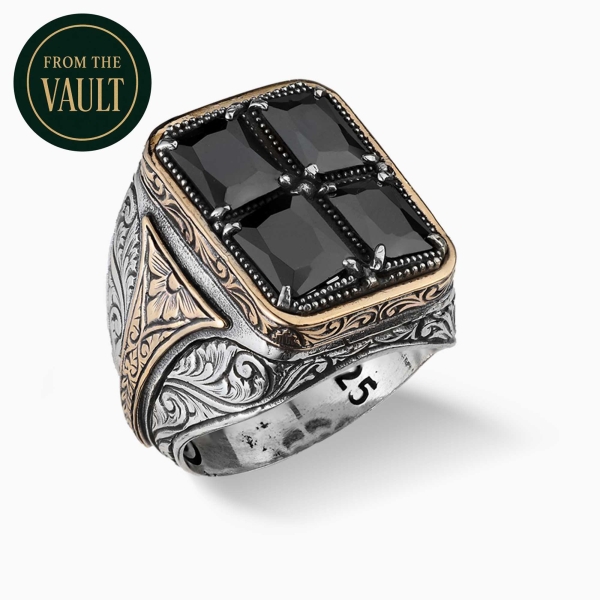 Hand Engraved Silver Ring with Black Zircon Stone 