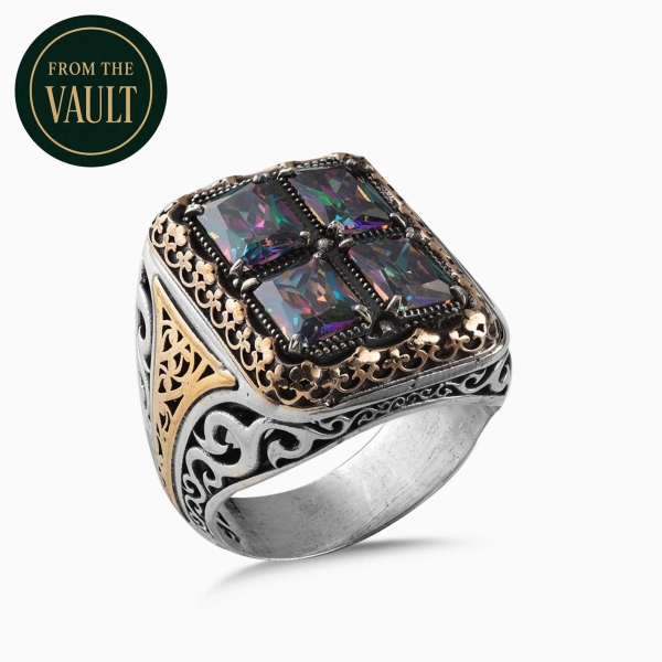 Engraved Silver Ring with Topaz Stone 