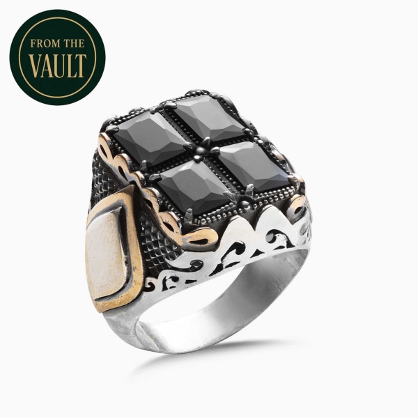 Engraved Silver Ring with Black Zirconia