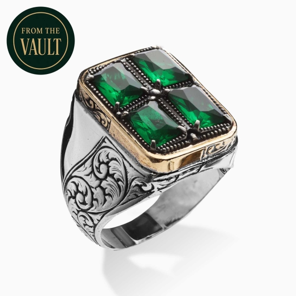 Engraved Silver Ring with Green Zirconia