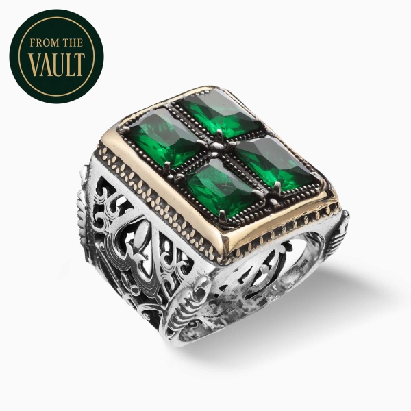 Engraved Silver Ring with Green Zirconia