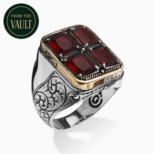 Engraved Silver Ring with Red Zirconia