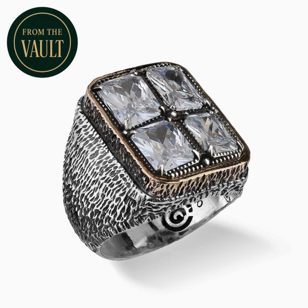 Engraved Silver Ring with White Zirconia