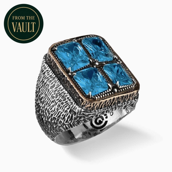 Engraved Silver Ring with Blue Zirconia