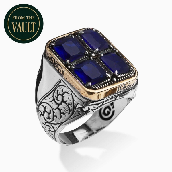 Engraved Silver Ring with Dark Blue Zirconia