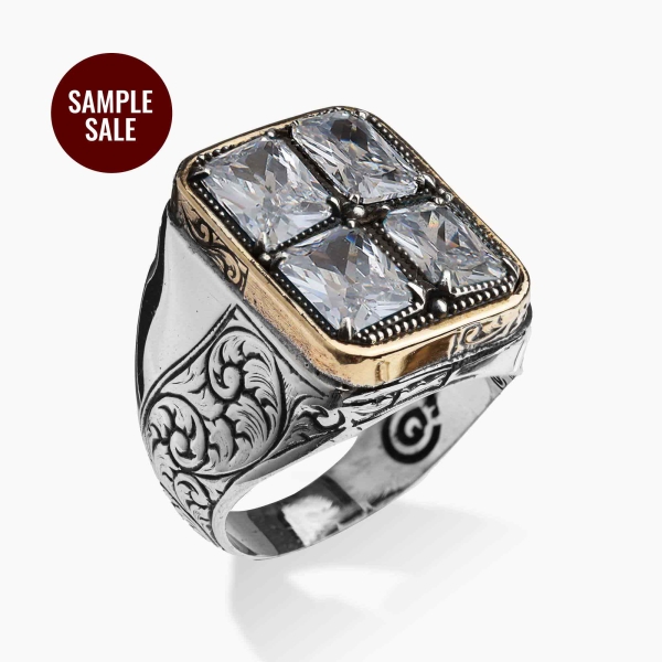 Engraved Silver Ring with White Zirconia