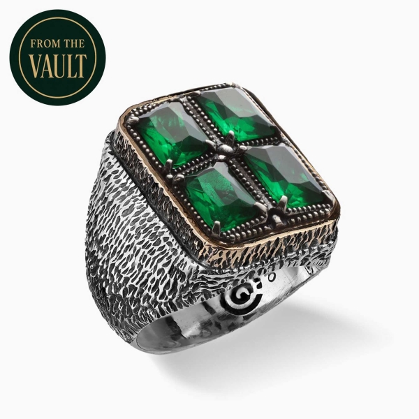 Engraved Silver Ring with Green Zirconia