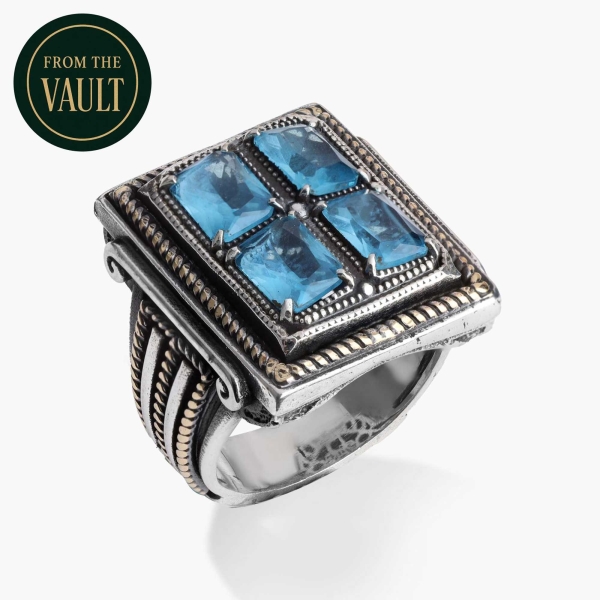 Engraved Silver Ring with Blue Zirconia