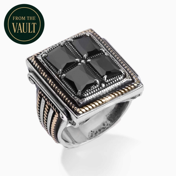 Engraved Silver Ring with Black Zirconia