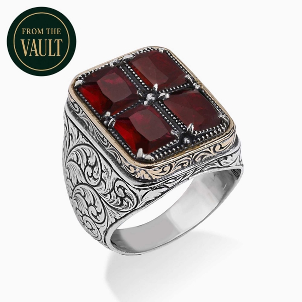 Engraved Silver Ring with Red Zirconia