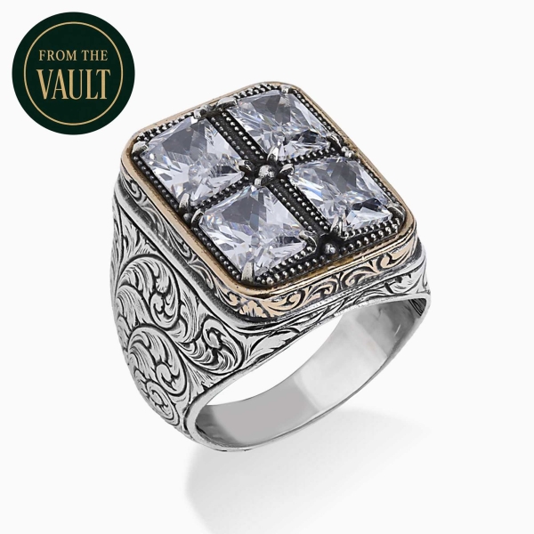 Engraved Silver Ring with White Zirconia