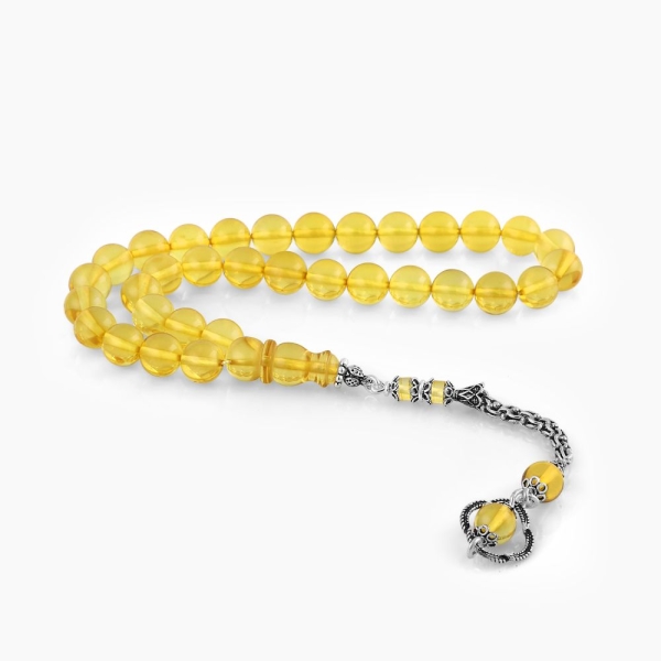 Genuine Amber Transparent Yellow Color Silver Tasseled Tasbih