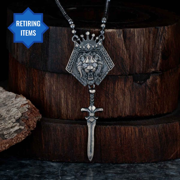 King Lion Design Silver Necklace with Sword