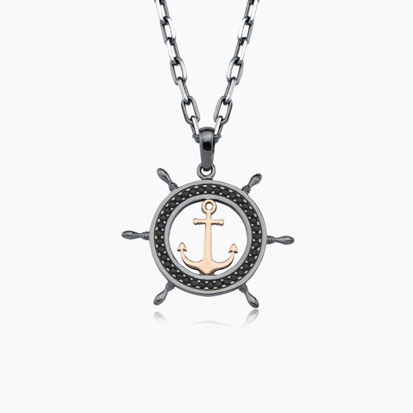 Black Zircon Silver Anchor Necklace