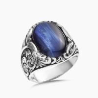 Engraved Silver Blue Tiger Eye Stone Ring
