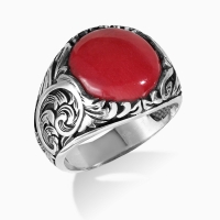Engraved Silver Coral Stone Ring