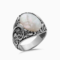 Mother of Pearl Stone Engraved Silver Ring 