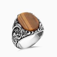  Tiger Eye Stone Engraverd Silver Ring