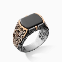 Engraved Silver Onyx Ring - Oxidized
