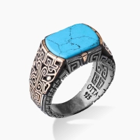 Engraved Silver Turquoise Ring - Oxidized