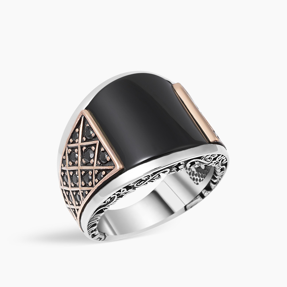 Curved Silver Men's Ring with Black Onyx 