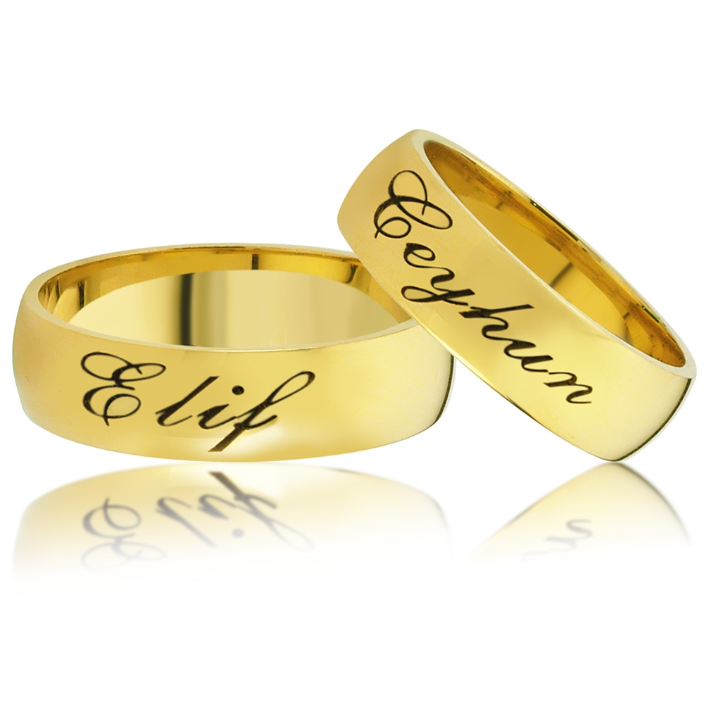 Gold Plated Silver Wedding Band Pair With Name