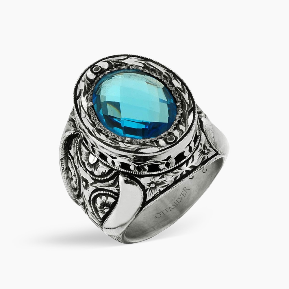Aqua Marina Stone Men's Silver Ring