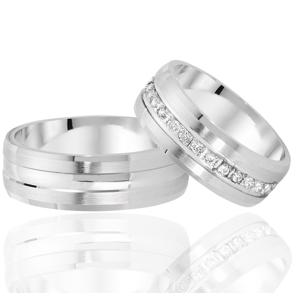 Women's Middle Stone Silver Wedding Band Pair