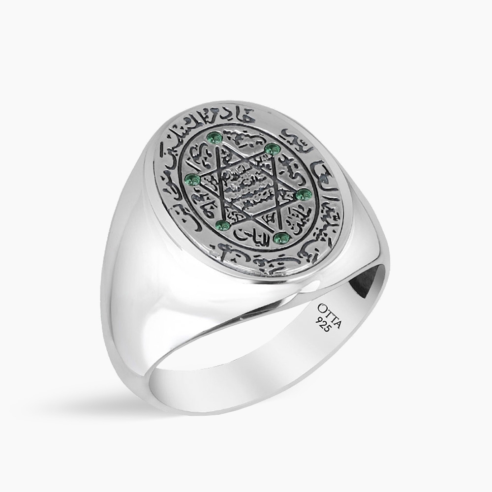 Seal of Solomon with Green CZ Diamonds Ring