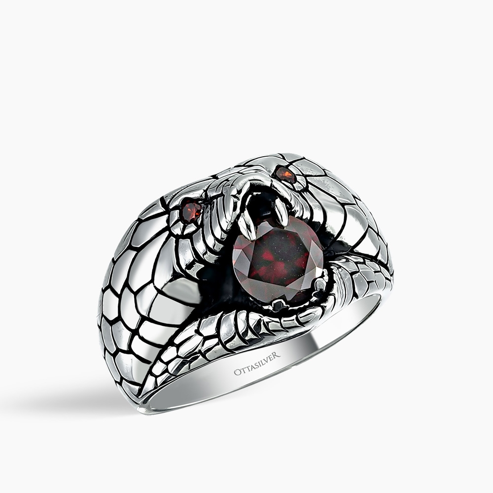 Silver Cobra Snake Ring with Red Zircon