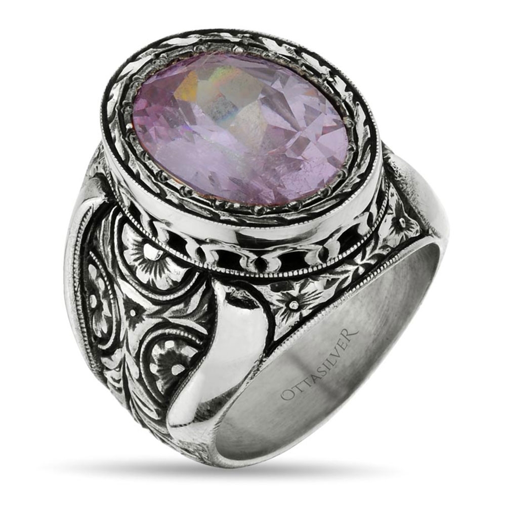 Amethyst Sultan Silver Ring Handengraved