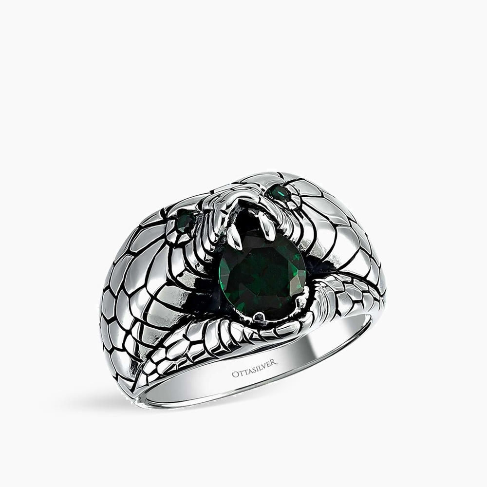 Snake Ring in Silver Green Zircon
