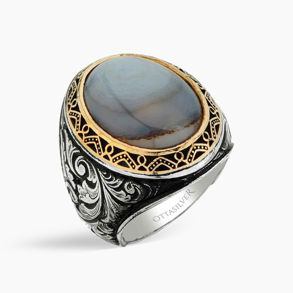 Yemani Aqeeq Stone Men's Silver Ring
