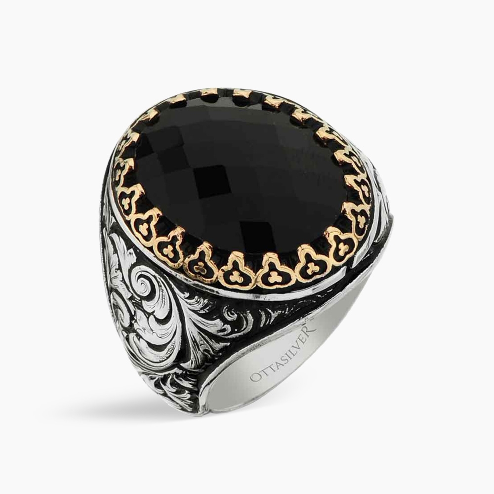 Black Facet Cut Crystal Ring for Men's in Silver
