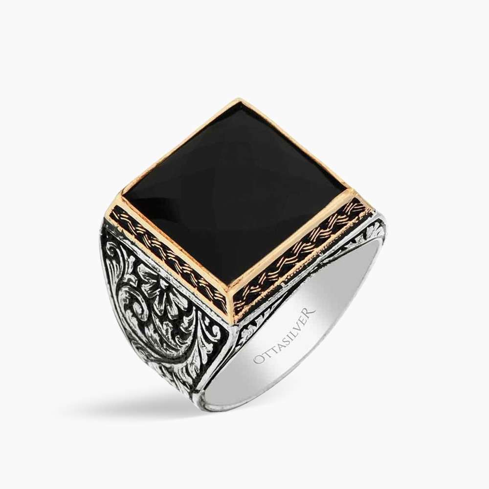 Square Silver Men's Ring with Zircon Stone
